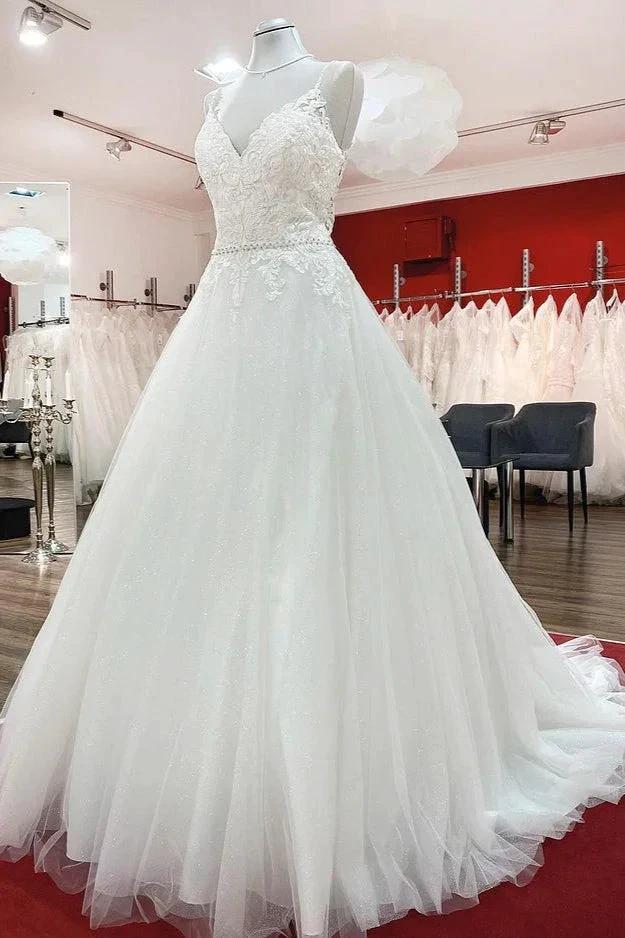 Long A-line V-neck Spaghetti Straps Backless Wedding Dress with Lace (ZD15258) - View 3 | VelvetHem