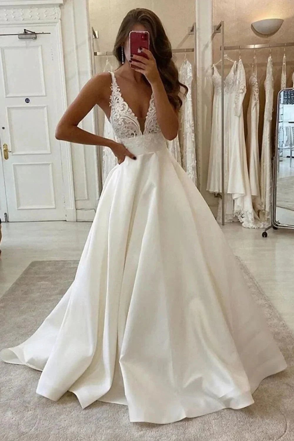 Long A-Line V-neck Spaghetti Straps Backless Wedding Dress With Pockets (ZD14318)