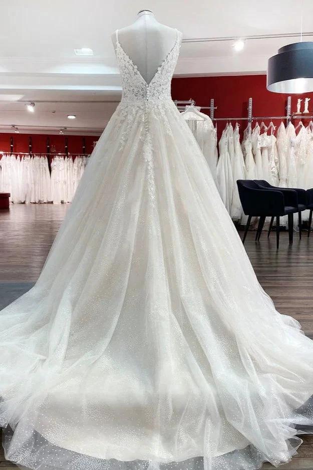 Long A-line V-neck Spaghetti Straps Tulle Lace Backless Wedding Dress (ZD14280)