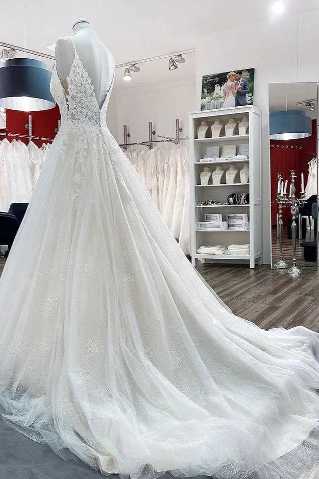 Long A-line V-neck Spaghetti Straps Tulle Lace Backless Wedding Dress (ZD14280)