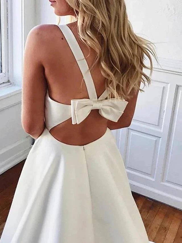 Long A-Line V Neck Stretch Satin Backless Wedding Dresses with Pockets (ZD15930)