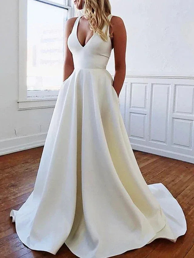 Long A-Line V Neck Stretch Satin Backless Wedding Dresses with Pockets (ZD15930)