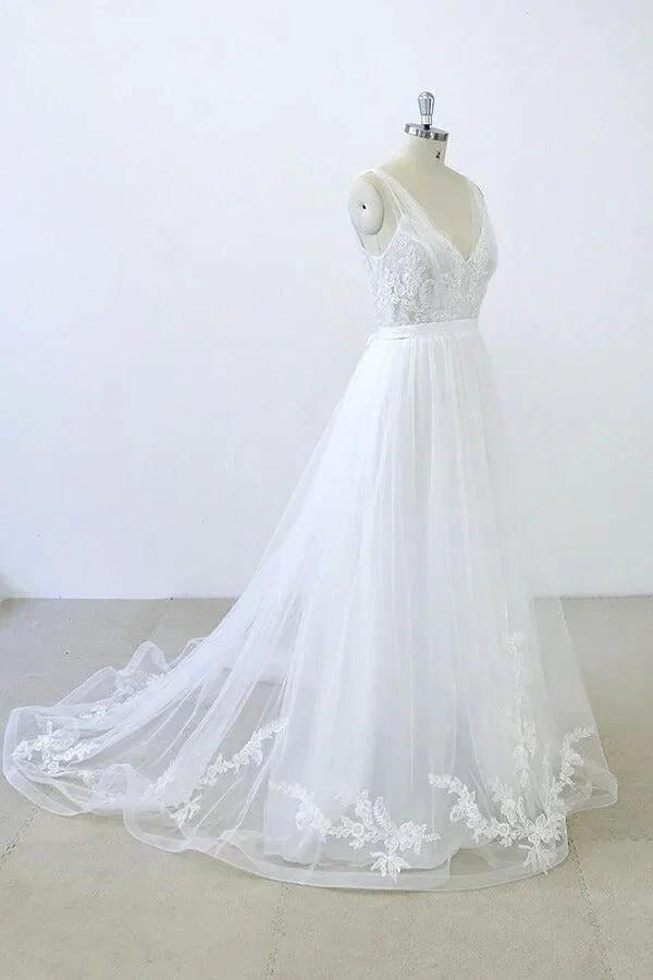 Long A-line V-neck Sweetheart Ruffle Applqiues Tulle Backless Wedding Dress (ZD15787)
