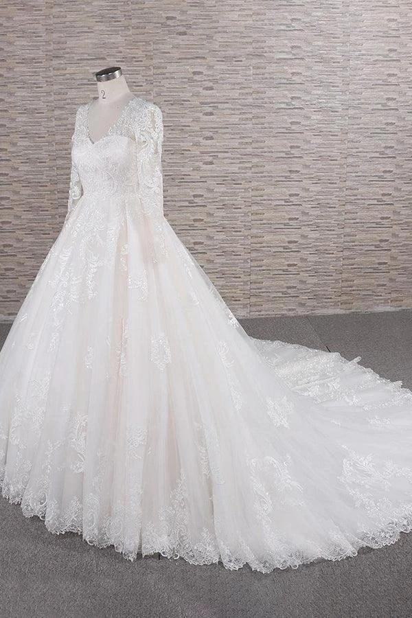 Long A-line V-neck Tulle Appliques Lace Wedding Dress with Sleeves (ZD15805)