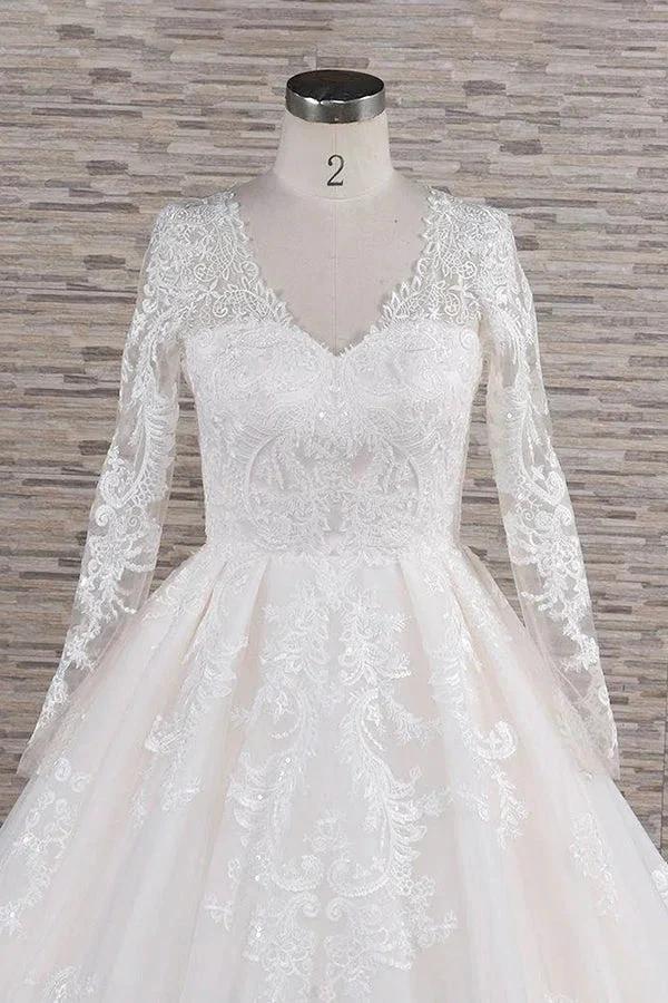 Long A-line V-neck Tulle Appliques Lace Wedding Dress with Sleeves (ZD15805)