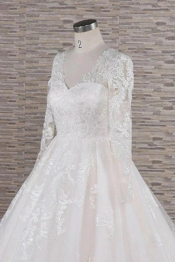 Long A-line V-neck Tulle Appliques Lace Wedding Dress with Sleeves (ZD15805) - View 5 | VelvetHem