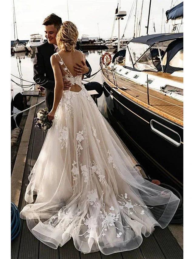 Long A-Line V Neck Tulle Spaghetti Strap Backless Wedding Dresses (ZD15968)