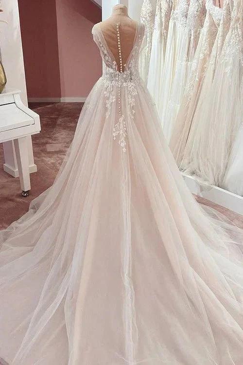 Long A-Line V-neck Wide Straps Appliques Lace Tulle Wedding Dress (ZD15213)