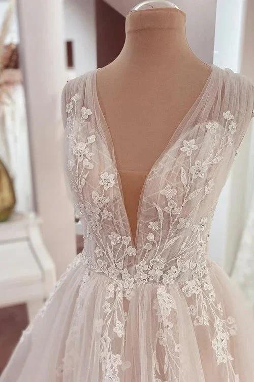 Long A-Line V-neck Wide Straps Appliques Lace Tulle Wedding Dress (ZD15213)