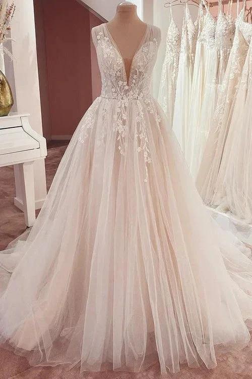 Long A-Line V-neck Wide Straps Appliques Lace Tulle Wedding Dress (ZD15213)