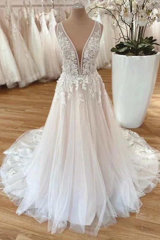 Long A-Line Wide Straps Tulle  Floral Lace Wedding Dress (ZD15218)