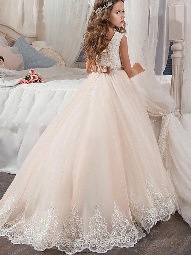 Long Ball Gown Chiffon Tulle Jewel Neck Wedding Birthday Pageant Flower Girl Dresses - View 2 | VelvetHem
