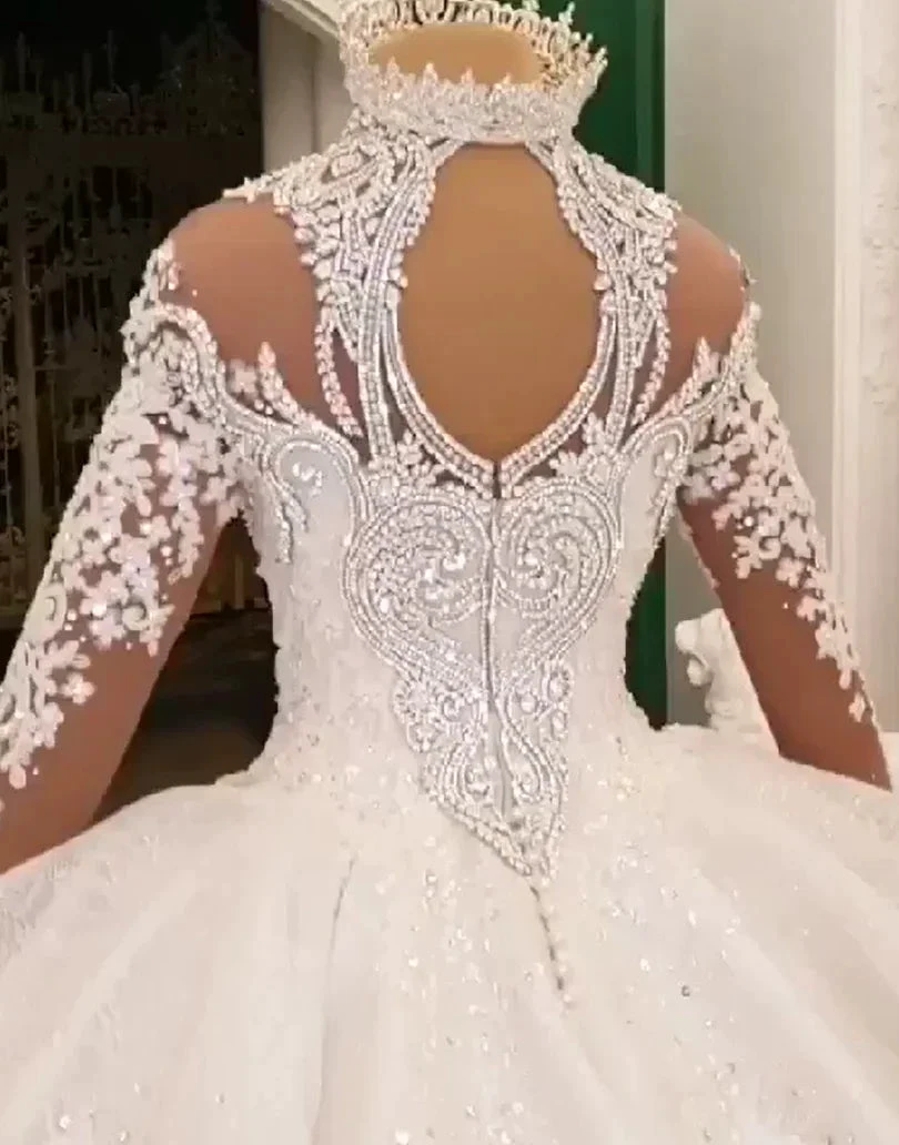 Long Ball Gown High Neck Sparkle Applique Satin Wedding Dress with Sleeves (ZD15986)