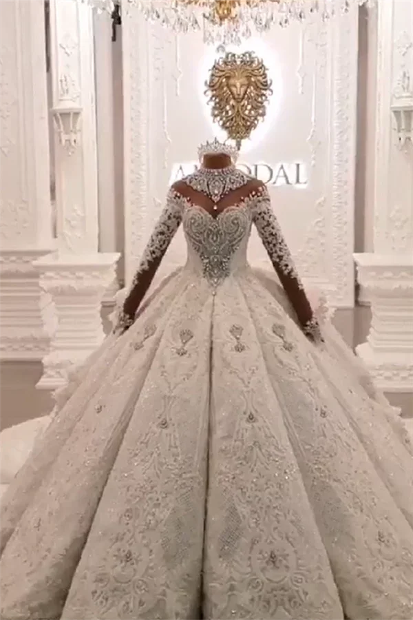 Long Ball Gown High Neck Sparkle Applique Satin Wedding Dress with Sleeves (ZD15986)