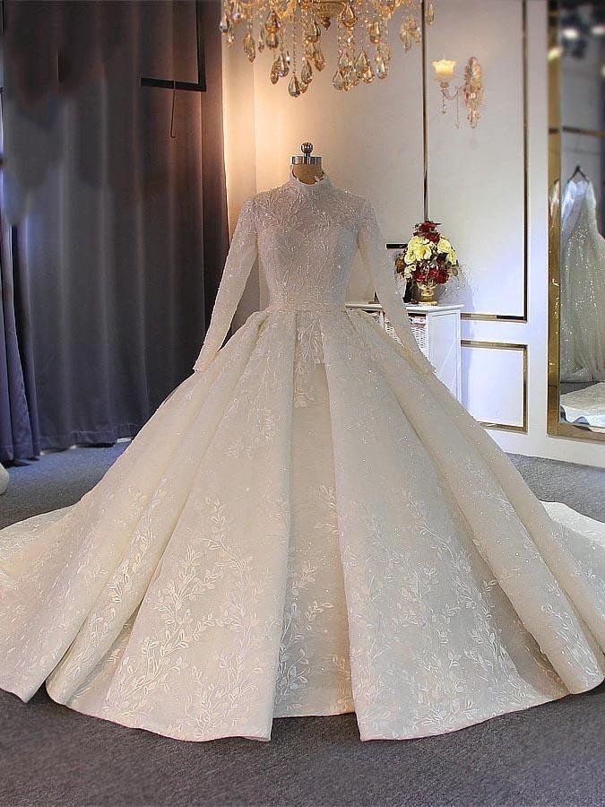 Long Ball Gown High Neck Tulle Lace Wedding Dresses with Sleeves (ZD15875)