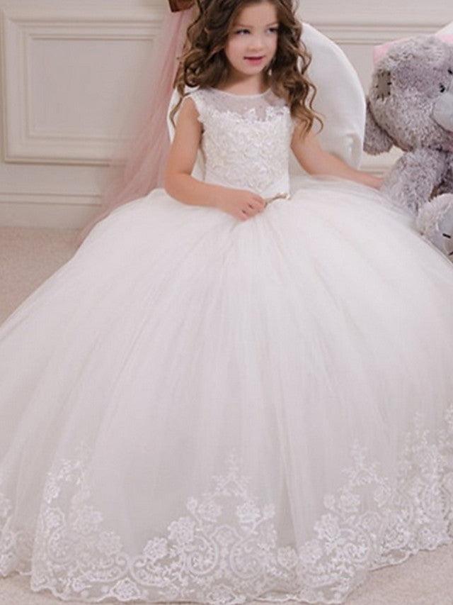 Long Ball Gown Jewel Neck Event Party Birthday Flower Girl Dresses With Appliques - VelvetHem