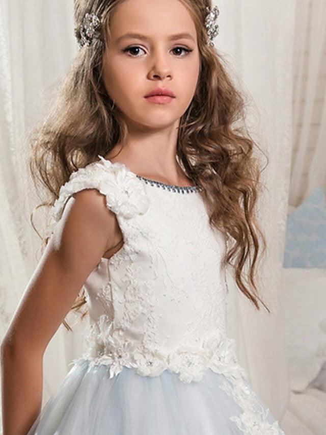 Long Ball Gown Jewel Neck Wedding Event Party Flower Girl Dresses With Lace Appliques - View 3 | VelvetHem