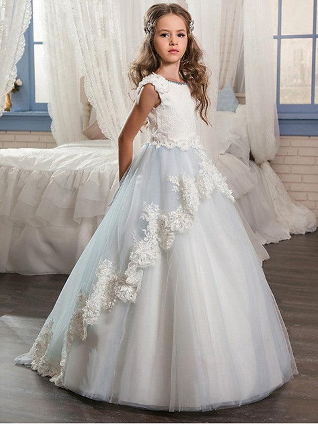 Long Ball Gown Jewel Neck Wedding Event Party Flower Girl Dresses With Lace Appliques - VelvetHem