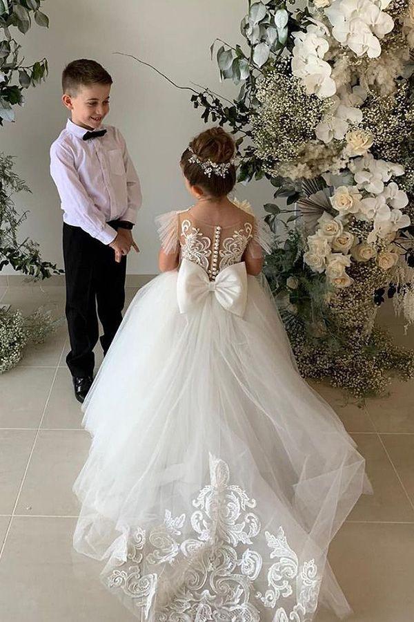 Long Ball Gown Lace Appliques Tulle Flower Girl Dresses - View 3 | VelvetHem