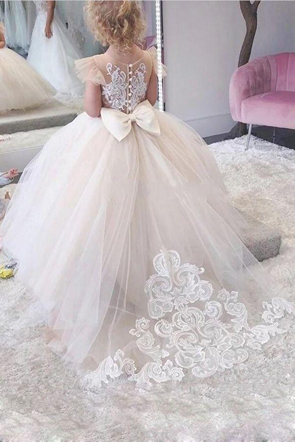 Long Ball Gown Lace Appliques Tulle Flower Girl Dresses - VelvetHem