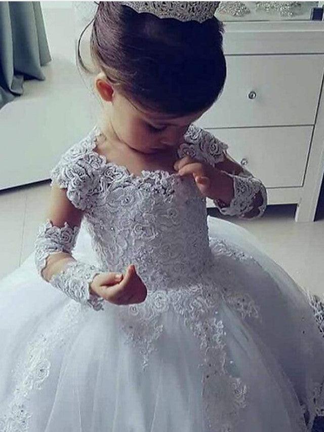 Long Ball Gown Lace Jewel Neck Wedding Flower Girl Dresses with Sleeves - View 2 | VelvetHem