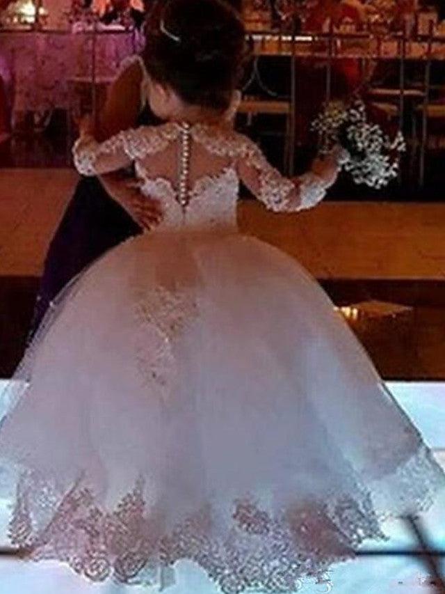 Long Ball Gown Lace Jewel Neck Wedding Flower Girl Dresses with Sleeves - View 4 | VelvetHem