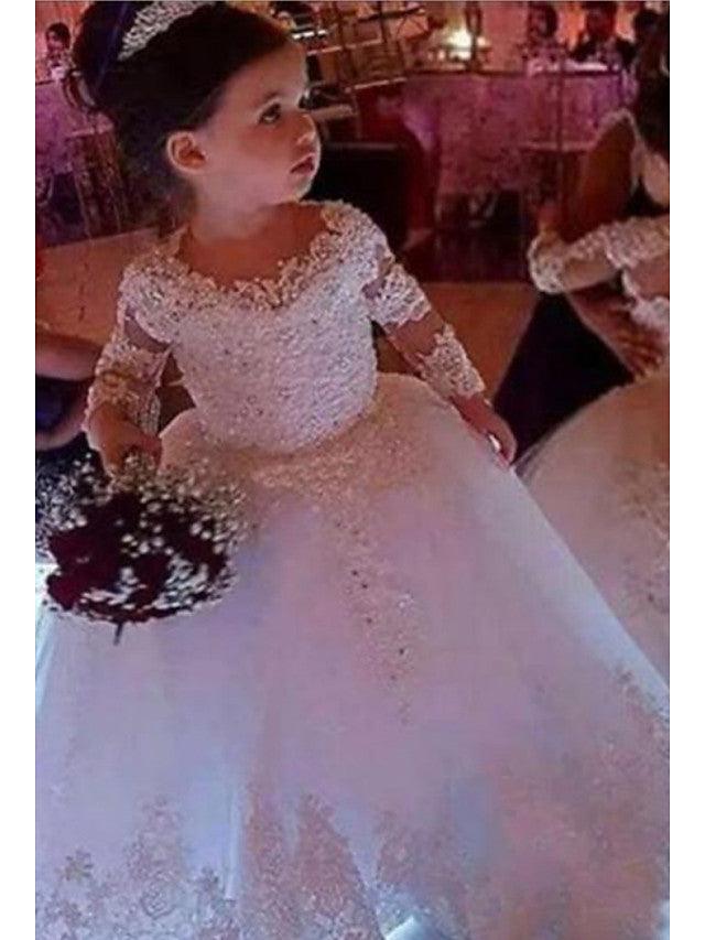Long Ball Gown Lace Jewel Neck Wedding Flower Girl Dresses with Sleeves - VelvetHem
