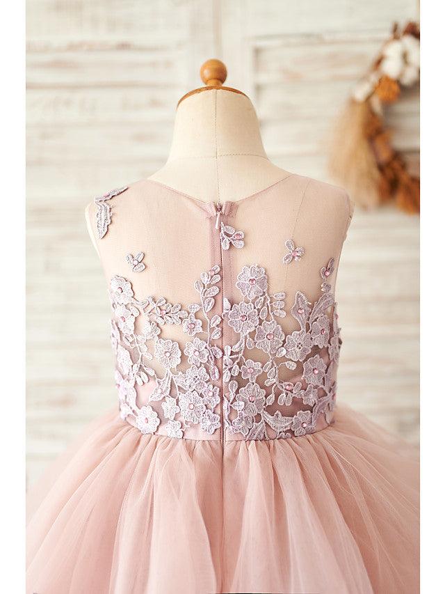 Long Ball Gown Lace Tulle Sleeveless Jewel Neck Wedding Birthday Flower Girl Dresses - View 4 | VelvetHem