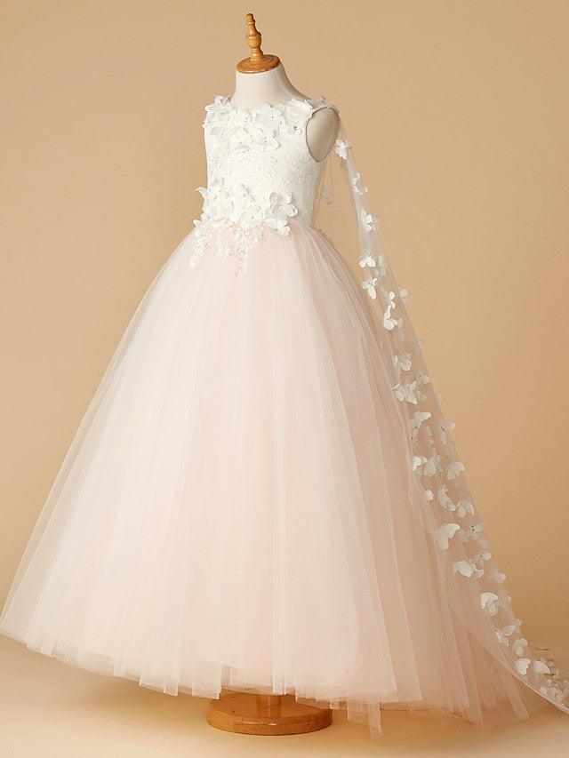 Long Ball Gown Lace Tulle Wedding Party Pageant Flower Girl Dresses - View 2 | VelvetHem