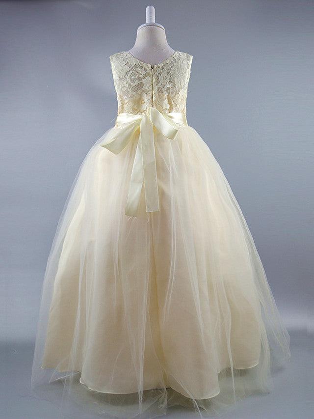 Long Ball Gown Satin Jewel Neck Wedding First Communion Pageant Flower Girl Dresses - View 5 | VelvetHem