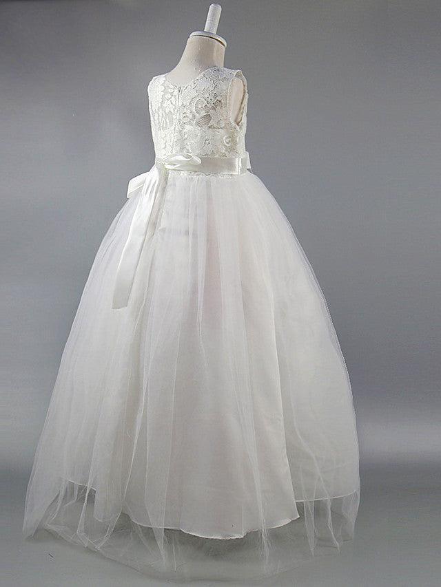 Long Ball Gown Satin Jewel Neck Wedding First Communion Pageant Flower Girl Dresses - View 9 | VelvetHem