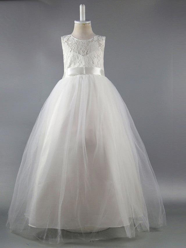 Long Ball Gown Satin Jewel Neck Wedding First Communion Pageant Flower Girl Dresses - VelvetHem