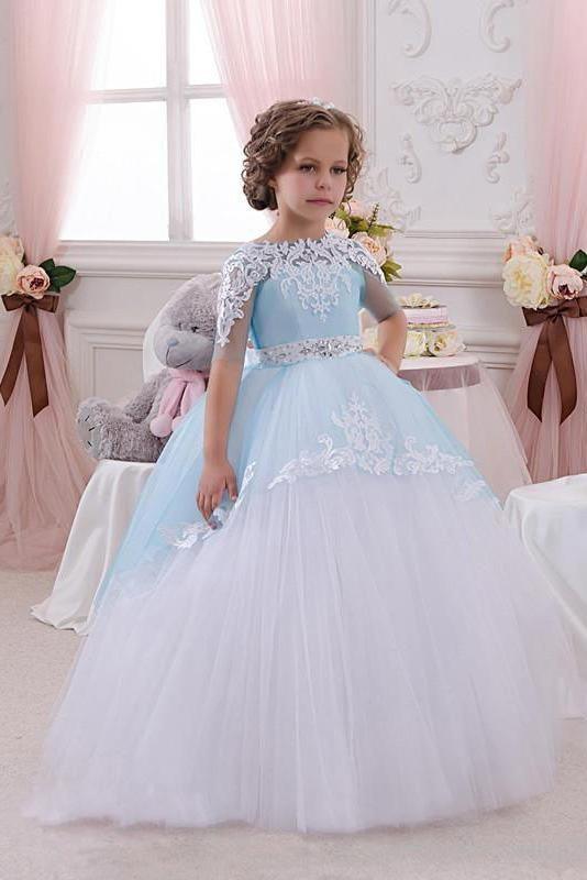 Long Ball Gown Scoop Neck Tulle Lace Flower Girl Dresses with Sleeves - VelvetHem