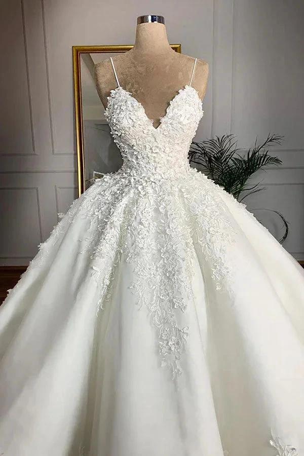 Long Ball Gown Spaghetti Strap Appliques Lace Satin Wedding Dress (ZD14391)