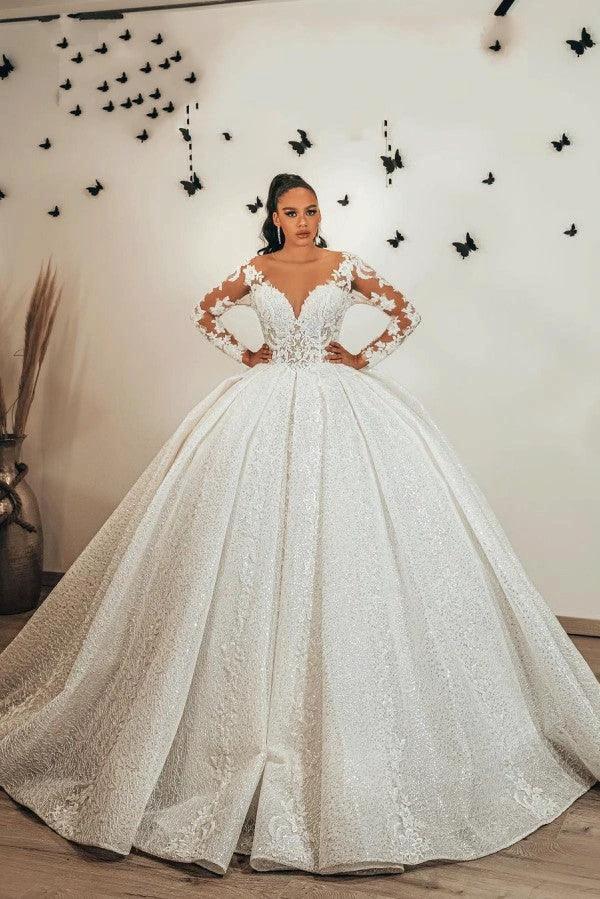 Long Ball Gown Sweetheart Appliques Lace Sequins Ruffles Wedding Dress with Sleeves (ZD15078)