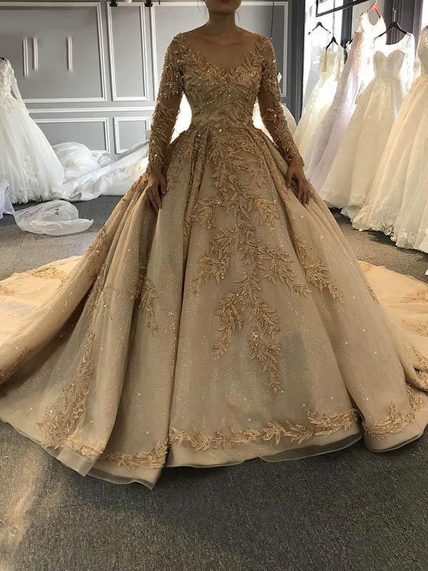 Long Ball Gown Sweetheart Satin Lace Wedding Dresses with Sleeves (ZD15881)