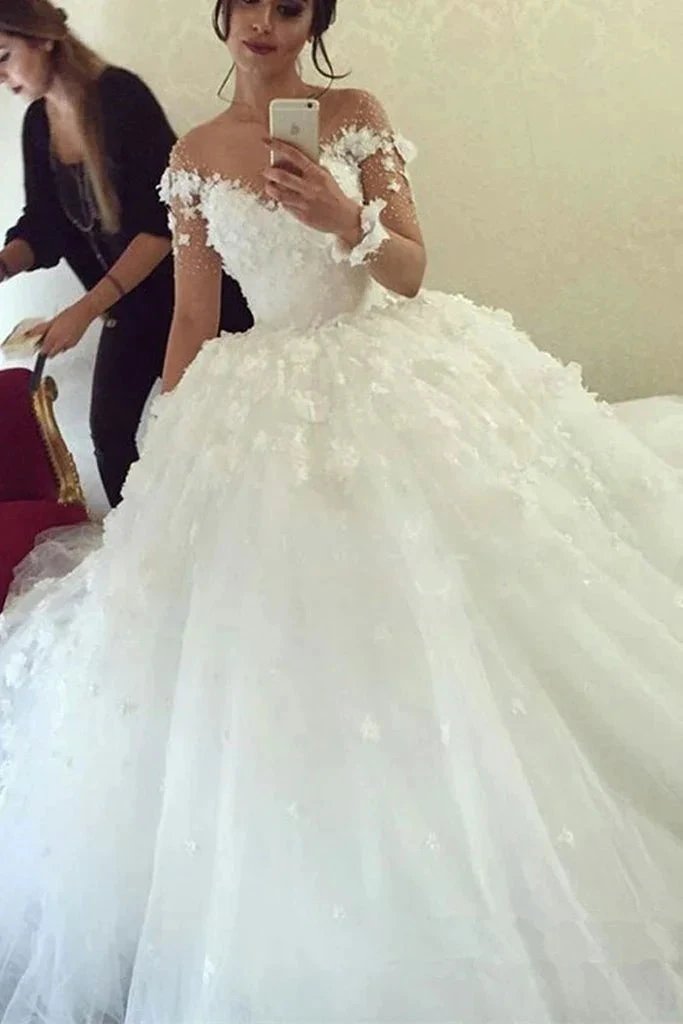 Long Ball Gown Sweetheart Tulle Wedding Dress with Sleeves (ZD15846)