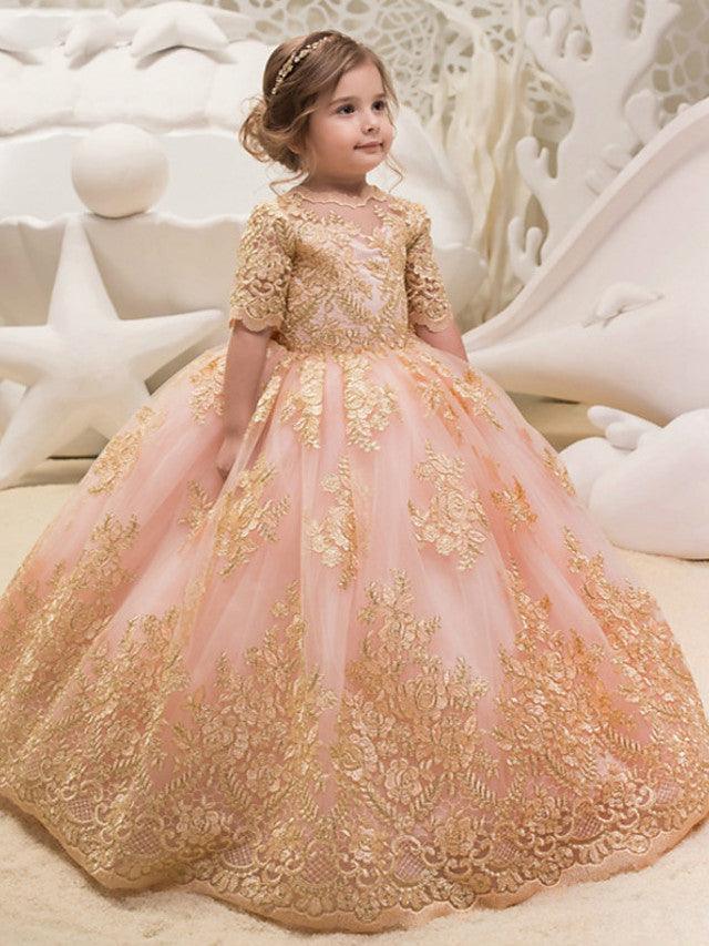 Long Ball Gown Tulle Half Sleeve Jewel Neck Wedding Party Flower Girl Dresses - VelvetHem
