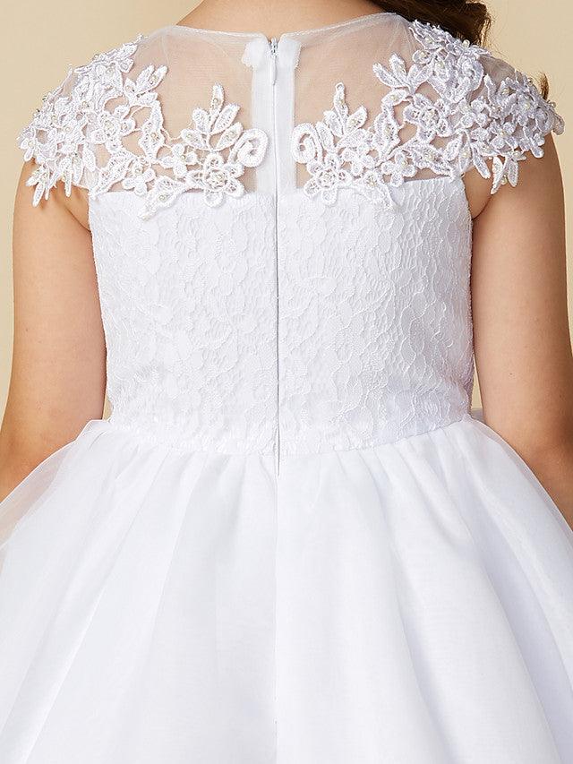Long Ball Gown Tulle Jewel Neck Wedding First Communion Flower Girl Dresses with Sleeves - View 6 | VelvetHem