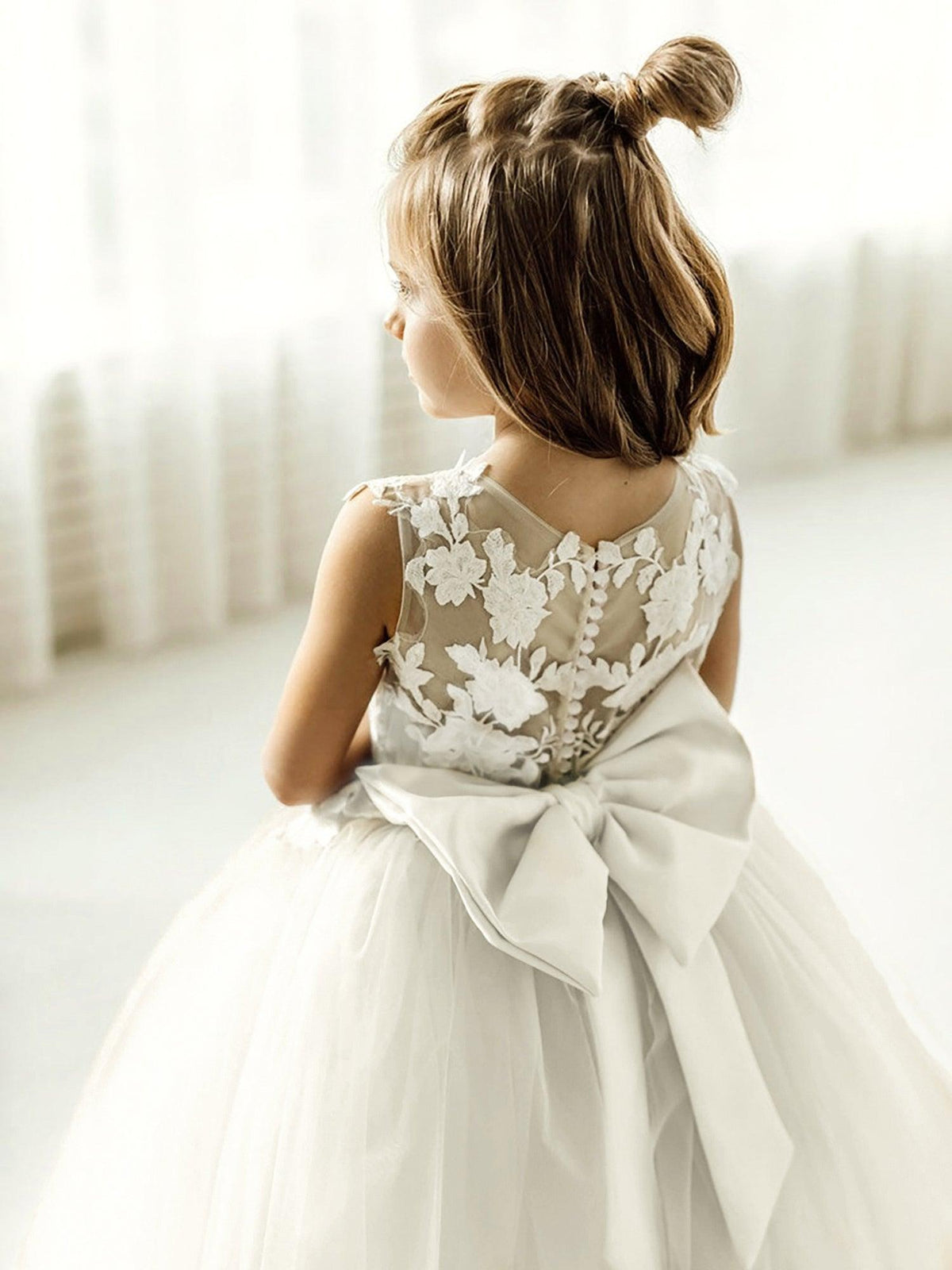 Long Ball Gown Tulle Lace Sleeveless Flower Girl Dress with Bow - View 10 | VelvetHem