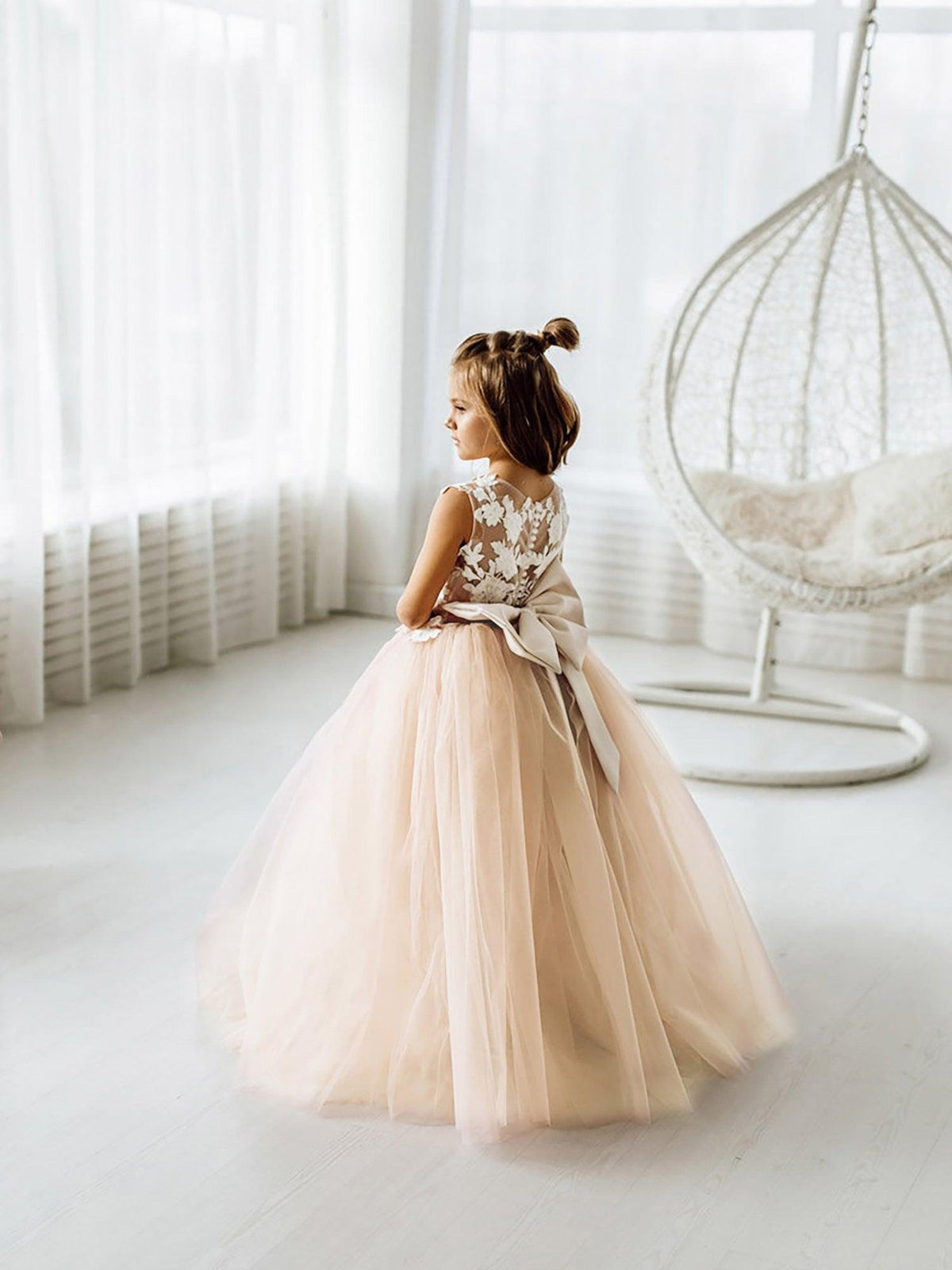 Long Ball Gown Tulle Lace Sleeveless Flower Girl Dress with Bow - View 4 | VelvetHem