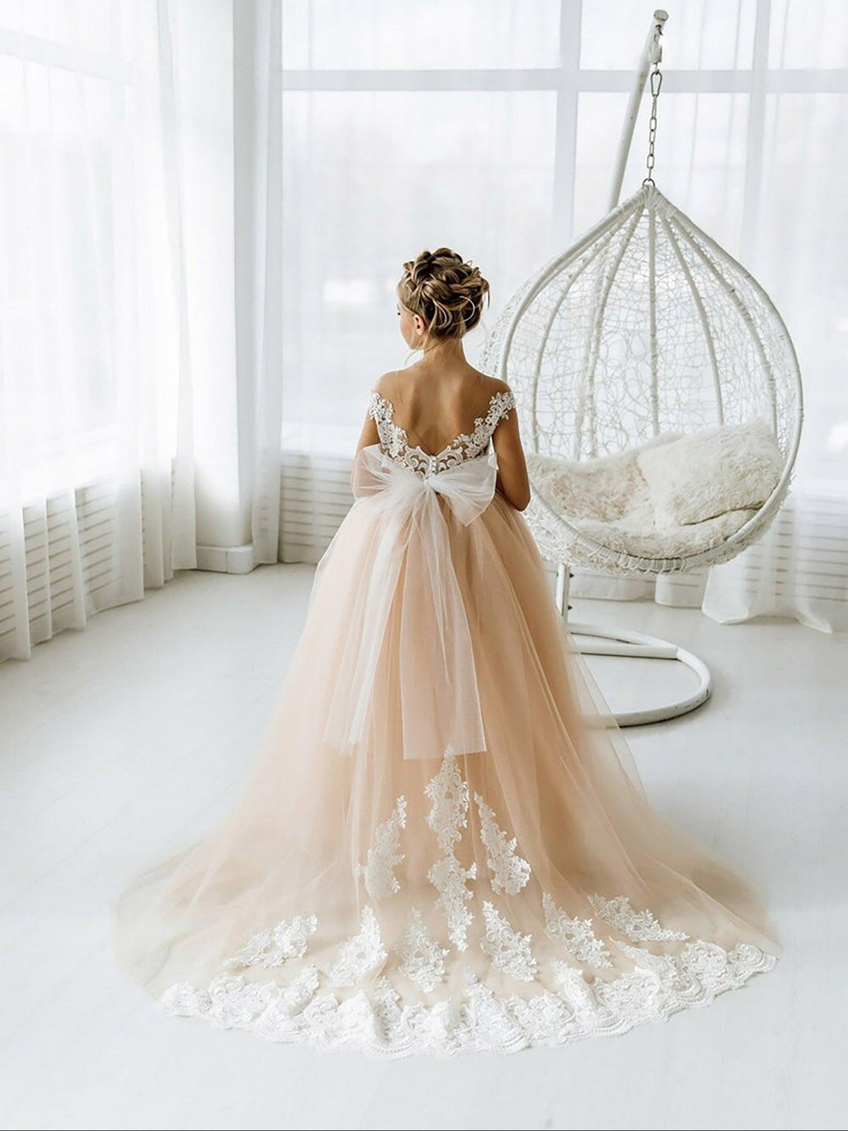 Long Ball Gown Tulle Open Back Boho Flower Girl Dresses with bow - View 3 | VelvetHem