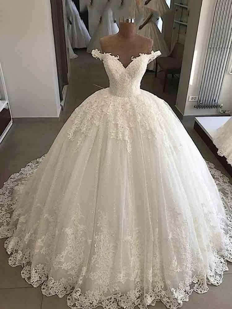 Long Ball Gown V-Neck Lace Tulle Wedding Dresses (ZD15912)