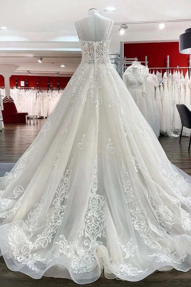 Long Ball Gown V-neck Spaghetti Straps Tulle Lace Wedding Dress (ZD15159)