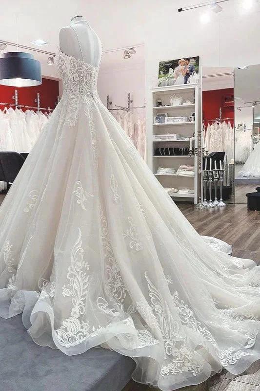 Long Ball Gown V-neck Spaghetti Straps Tulle Lace Wedding Dress (ZD15159)