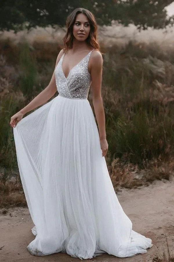 Long Boho A-line V-neck Chiffon Tulle Glitter Open Back Wedding Dress (ZD14356)