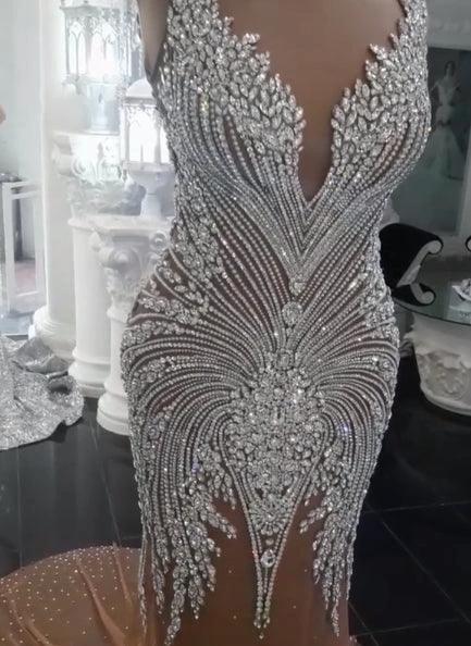 Long Champagne V-Neck Beading Backless Mermaid Wedding Dresses (ZD14433)