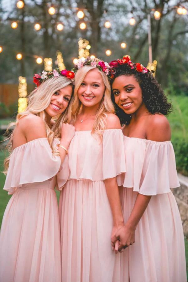 Long Chiffon Off The Shoulder Slate Gray Bridesmaid Dresses BD077 by pgmdress