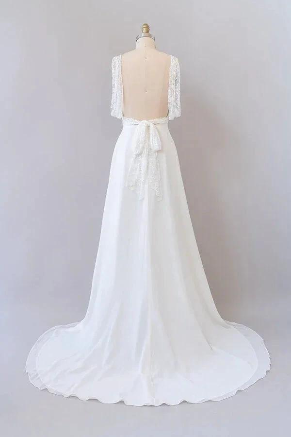 Long Empire A-line V-neck Lace Chiffon Open Back Wedding Dress (ZD14390)