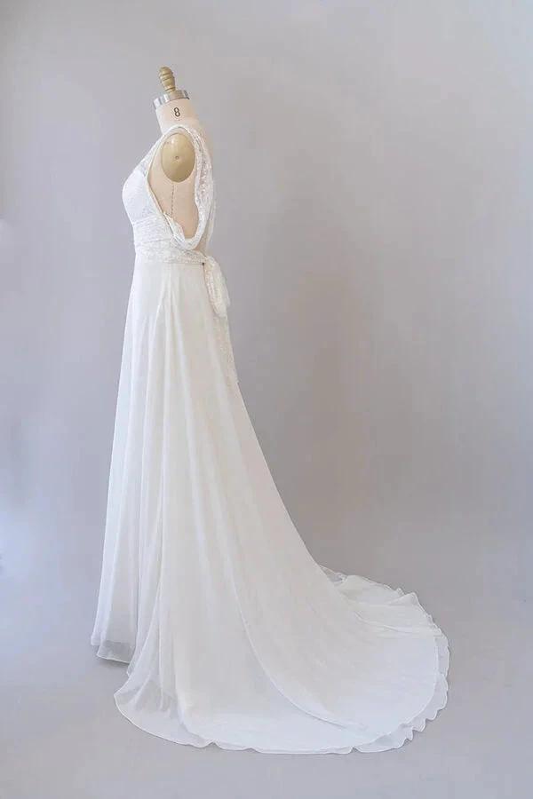 Long Empire A-line V-neck Lace Chiffon Open Back Wedding Dress (ZD14390)